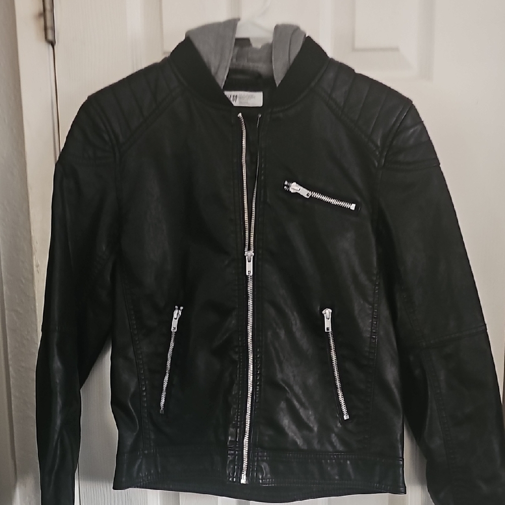 H&M Black Kids Faux Leather Jacket with Gray Hood 12/13